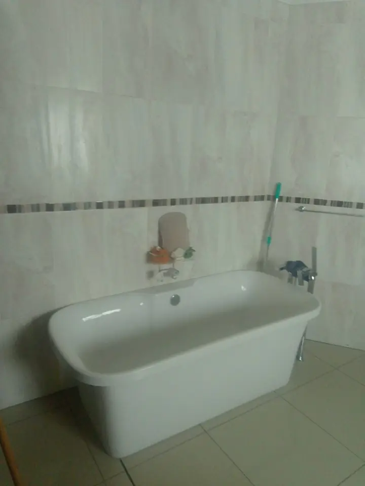 Newly plumbed freestanding bath in a finished bathroom