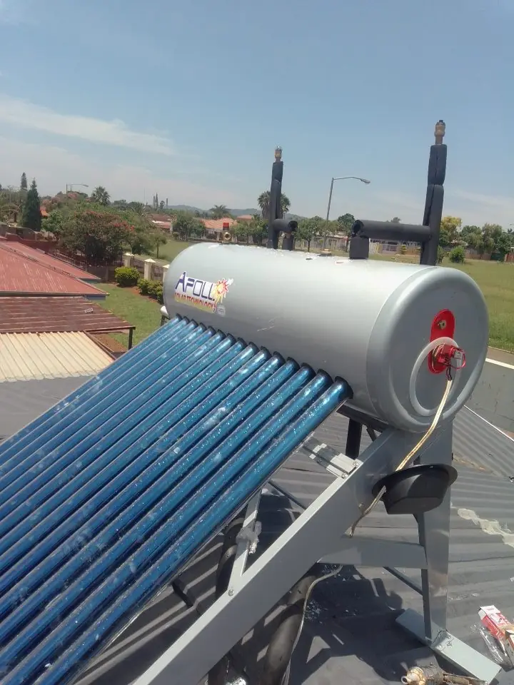 Solar geyser with evacuated tube collectors installed on a roof